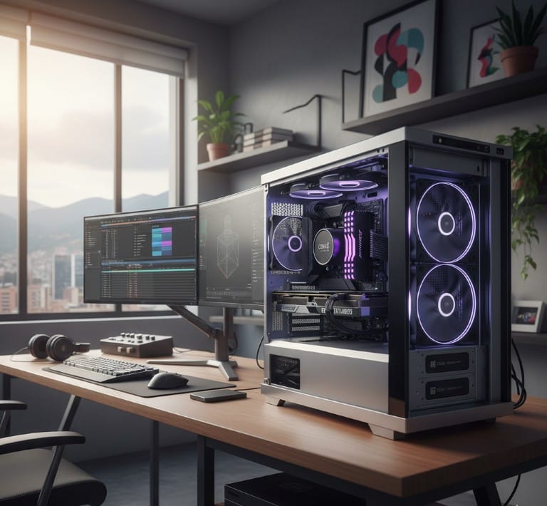 Primer plano de un procesador AMD Ryzen iluminado, simbolizando el cerebro de una estación de trabajo para creativos.