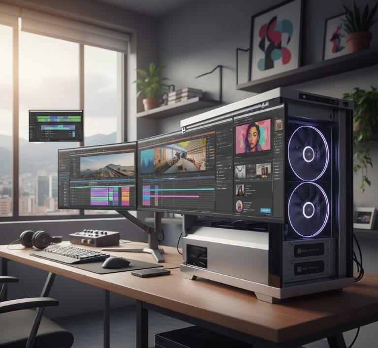 Logos de software para creación de contenido como Adobe Premiere Pro, Photoshop, OBS Studio y DaVinci Resolve.