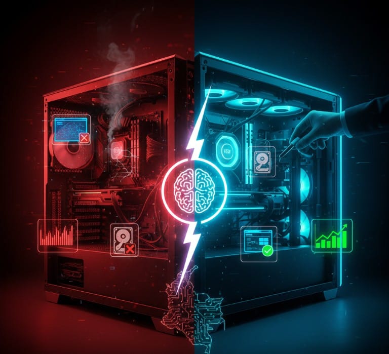 Comparación visual de un PC con sobrecalentamiento y thermal throttling versus un sistema de refrigeración para PC funcionando de forma óptima