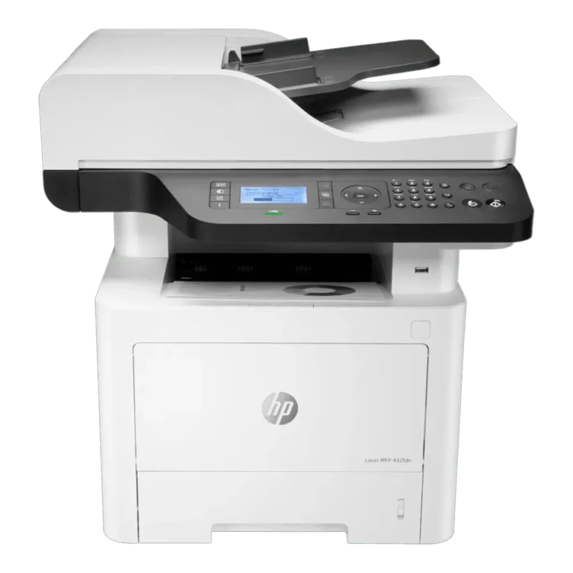 Impresora Multifunción HP Laser 432fdn 4-en-1 con ADF y Dúplex automático, vista frontal mostrando el panel de control.
