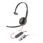 Auricular Monoaural Poly Blackwire 3210 - USB Tipo C + Adaptador USB-A - Audio Profesional - Vista Ángulo Izquierdo