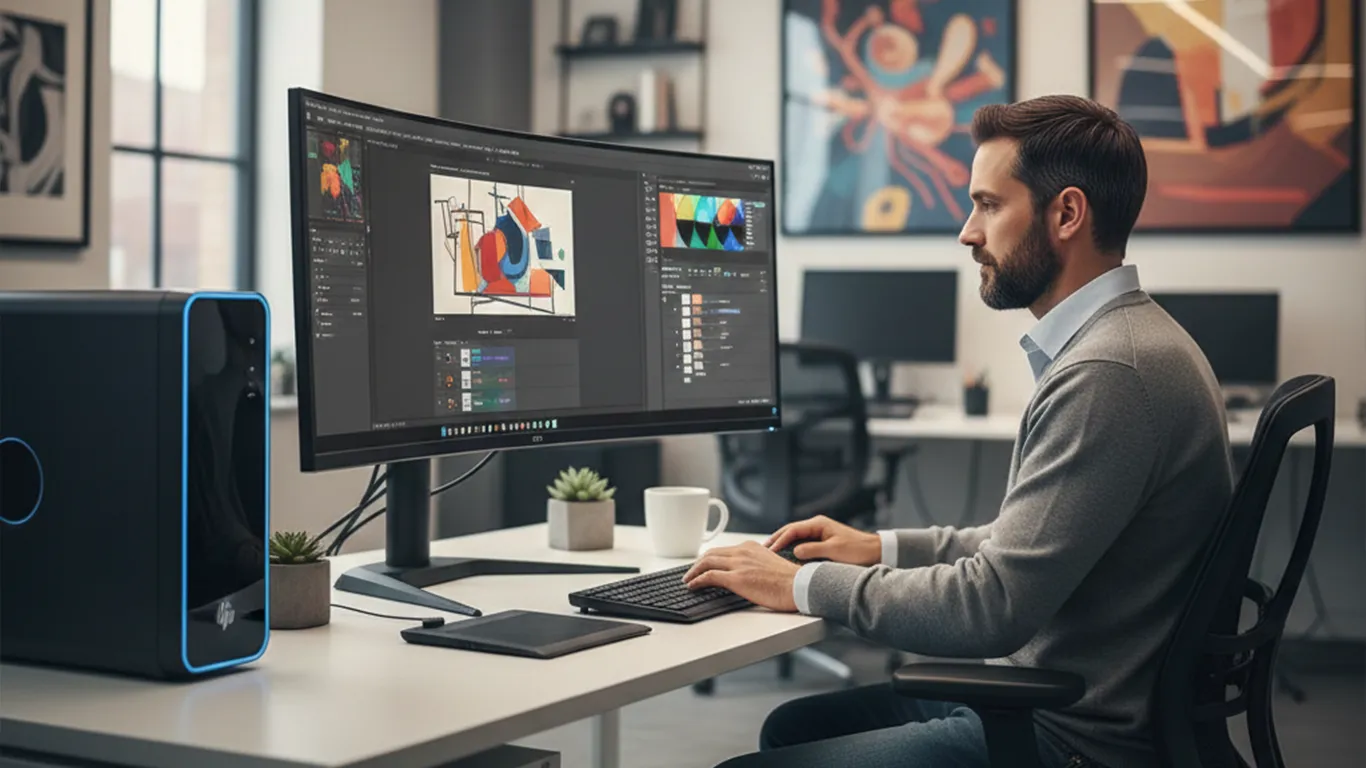 Diseñador gráfico trabajando en computador para diseño grafico con monitor profesional