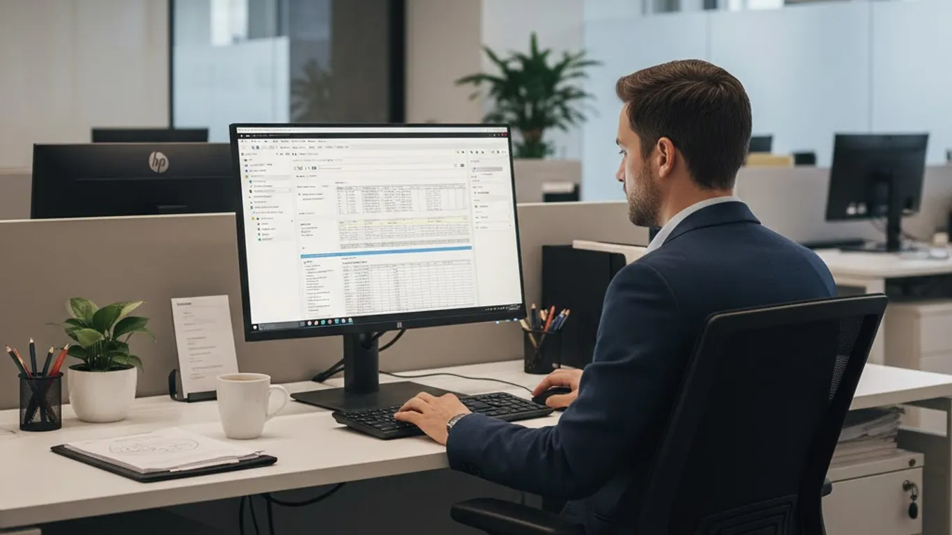 Estación de trabajo con computador de oficina para uso administrativo