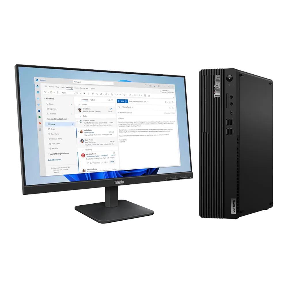 Lenovo ThinkCentre M90s Gen 4 - Vista Frontal 90 Grados Ángulo Izquierdo + Monitor Lenovo Thinkvision S24-4E 24 pulgadas