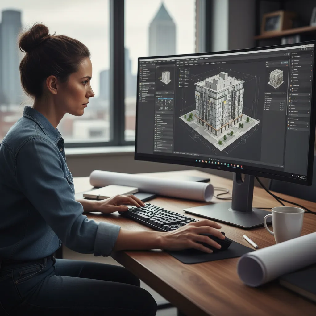 Profesional trabajando en computador para arquitectura con diseño arquitectónico digital high-end