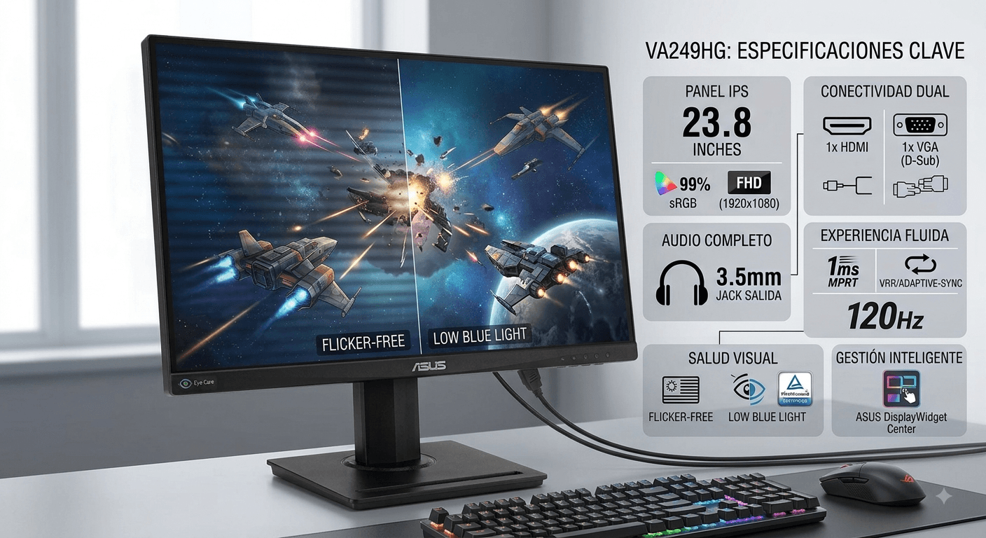 En cuanto a la conectividad, la pantalla cuenta con los puertos necesarios para adaptarse a diversos entornos de uso: Puertos de Video: 1x HDMI y 1x VGA (D-Sub) para conectar simultáneamente tu PC de escritorio, computadora portátil o consola. Puerto de Audio: Conector Jack de 3.5 mm para auriculares. Por un lado, podrás ajustar todo el brillo y contraste mediante la aplicación ASUS DisplayWidget Center, permitiéndote modificar la configuración con el ratón en lugar de los botones físicos. Por otro lado, la protección de la salud visual está garantizada por la tecnología del monitor ASUS Eye Care, la cual incluye Flicker-Free (libre de parpadeo) y Low Blue Light (filtro de luz azul baja) certificados por TÜV Rheinland. En consecuencia, reduce significativamente la fatiga ocular tras largas jornadas de uso. Especificaciones y Beneficios Características Destacadas Panel IPS de 23.8" Full HD (1920x1080) con cobertura sRGB del 99%. Tasa de refresco de 120Hz con VRR y tiempo de respuesta de 1ms MPRT. Diseño ultra delgado sin marcos (Frameless). Conectividad dual con entradas HDMI y VGA más salida de audio para auriculares. Certificación TÜV Rheinland para tecnologías Flicker-Free y Low Blue Light. Compatibilidad con software ASUS DisplayWidget Center y soporte VESA.