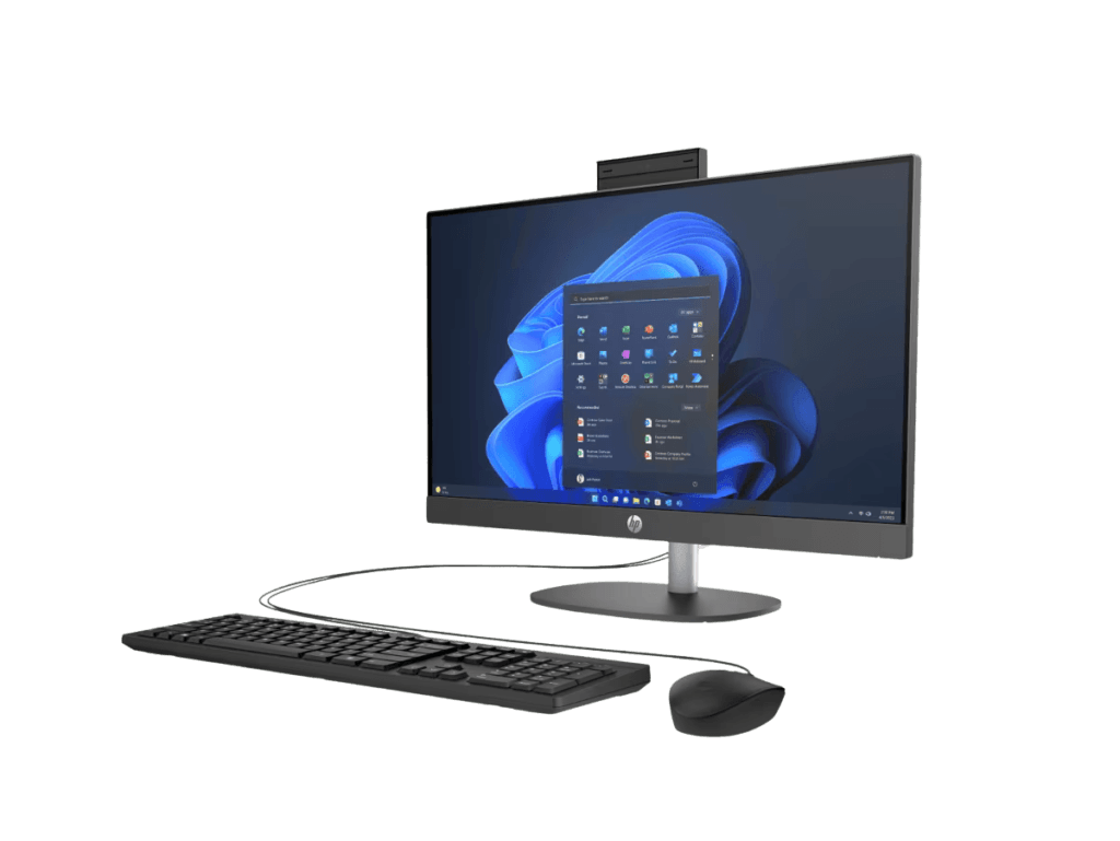 HP ProOne 240 G10 Intel Core Ultra 5 en vista tres cuartos izquierda con base de altura ajustable