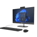 HP ProOne 240 G10 Intel Core Ultra 5 en vista tres cuartos izquierda con base de altura ajustable