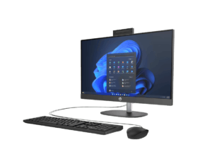 HP ProOne 240 G10 Intel Core Ultra 5 en vista tres cuartos izquierda con base de altura ajustable