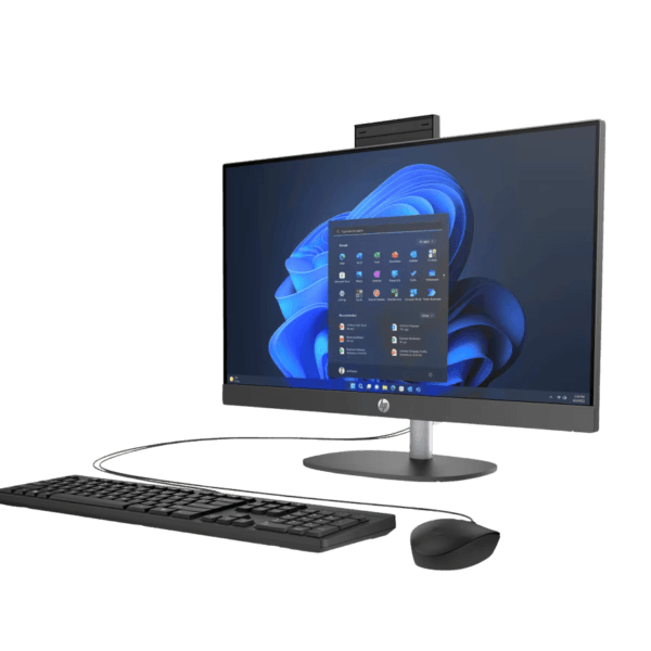 HP ProOne 240 G10 Intel Core Ultra 5 en vista tres cuartos izquierda con base de altura ajustable