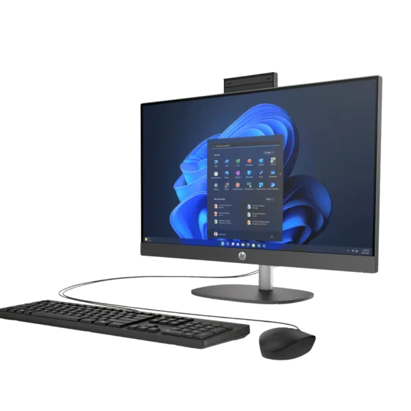 HP ProOne 240 G10 Intel Core Ultra 5 en vista tres cuartos izquierda con base de altura ajustable