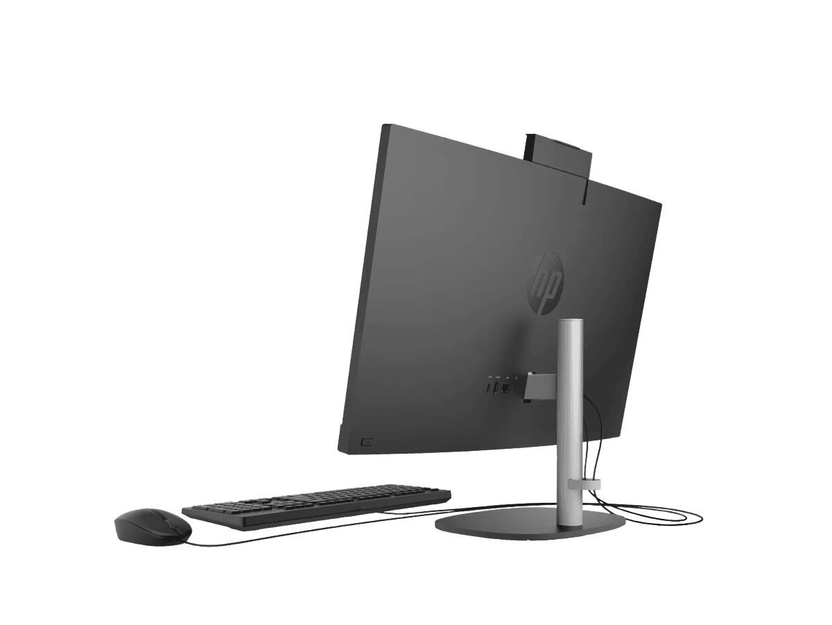 Parte trasera del HP ProOne 240 G10 con puertos de conectividad USB Type-C, HDMI y base ergonómica