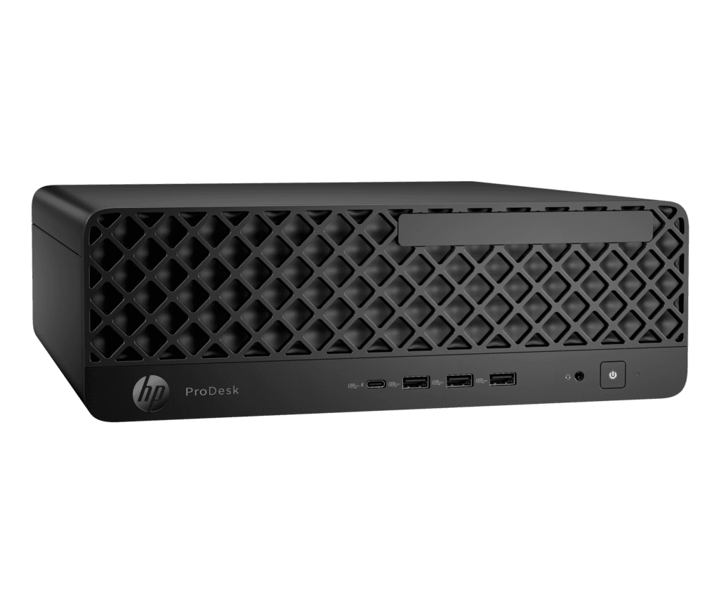 Vista lateral izquierda de tres cuartos del PC de escritorio HP ProDesk SFF 4G1i
