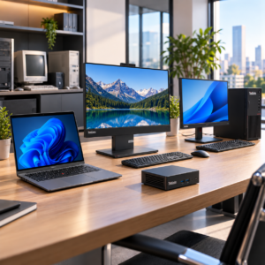 Computadores Lenovo ThinkCentre All in One, portátil, equipo de escritorio y mini PC en una oficina moderna, ideales para la renovación tecnológica empresarial.