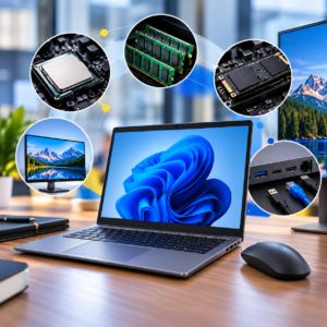 Computador portátil acompañado de imágenes de procesador, memoria RAM, almacenamiento SSD, pantalla y conectividad, características clave para elegir un computador.