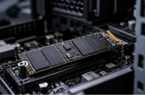 Unidad de almacenamiento SSD M.2 instalada en una placa base de computador.