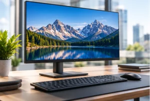 Monitor de computador de escritorio con pantalla de alta definición, teclado y mouse en una oficina moderna.